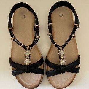 Black Embellished Sandals With Gold Accents Size 6 SHOE SALE